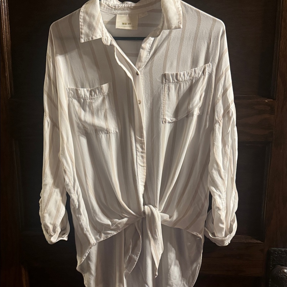 Anthropologie Maeve Cream with Stripes,  Tie Front Button Down High Low Top